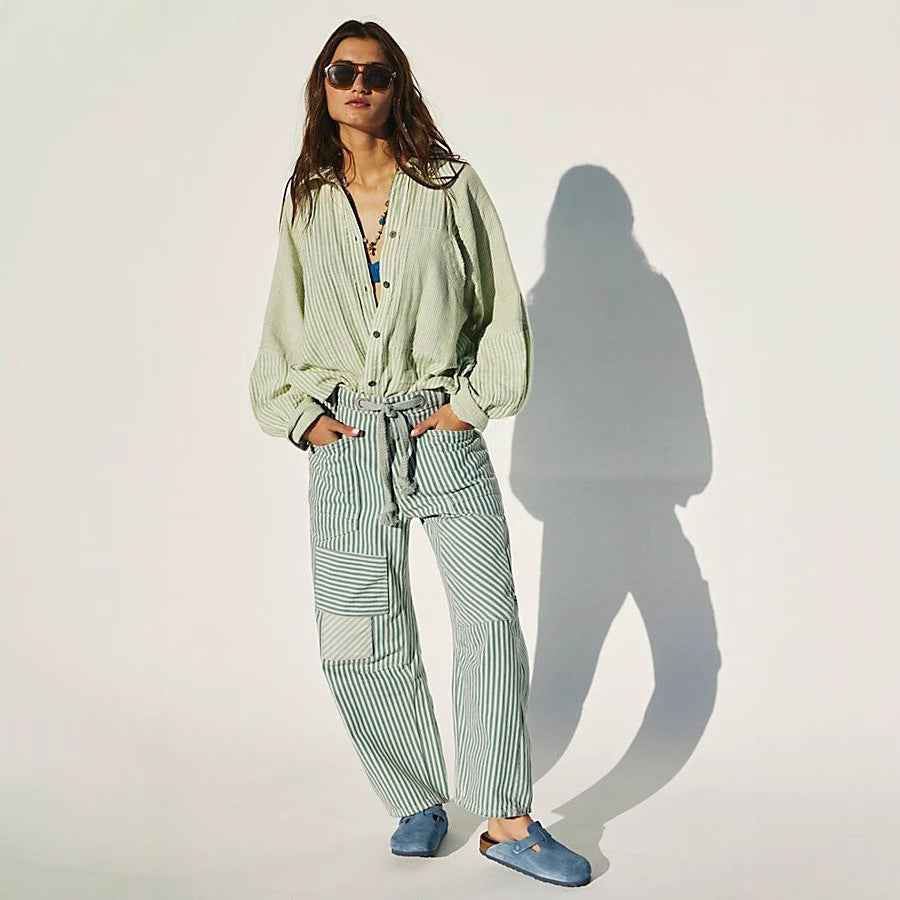 Fashion Commuter Casual Loose Wide Leg Striped Stitching Drawstring Pocket Trousers