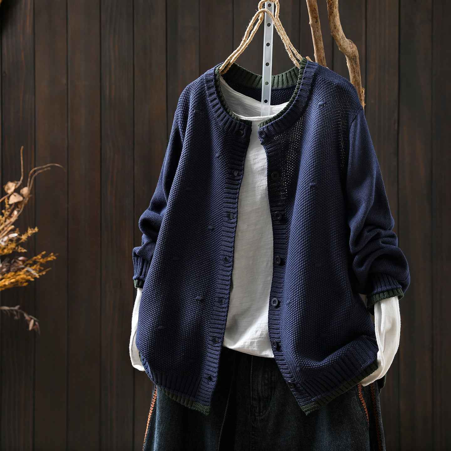 Women's Cardigan Sweater Coat Color Block Cotton Thread Knitting Retro Casual