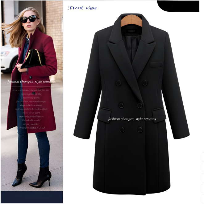 Women's Double-Breasted Woolen Coat - Long Winter Outerwear