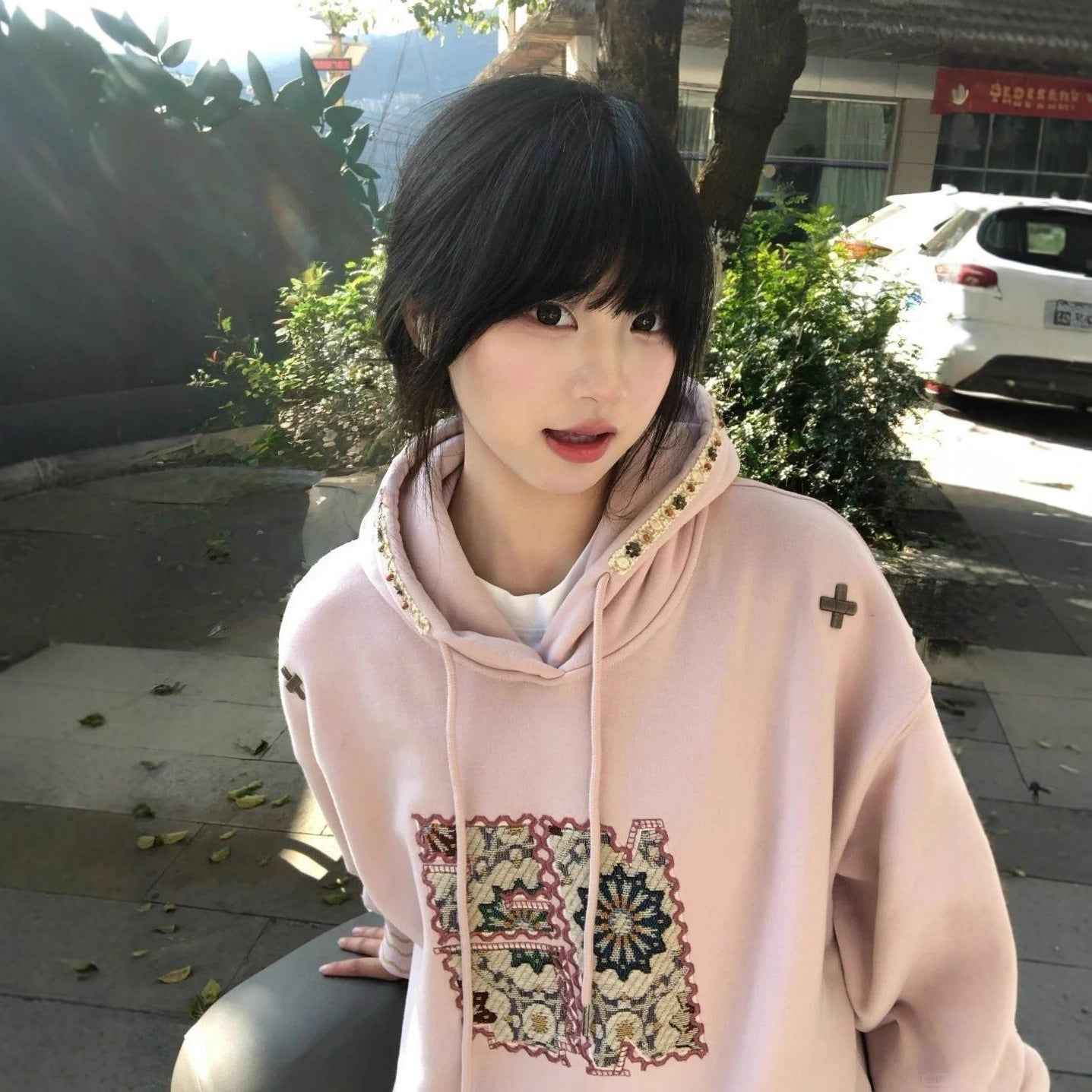 American Retro Patch Embroidery Hooded Sweatshirt Women