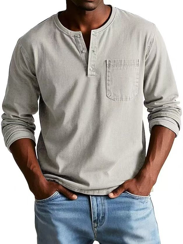 Men's V-Neck Long Sleeve T-Shirt - Button Design Casual Pullover