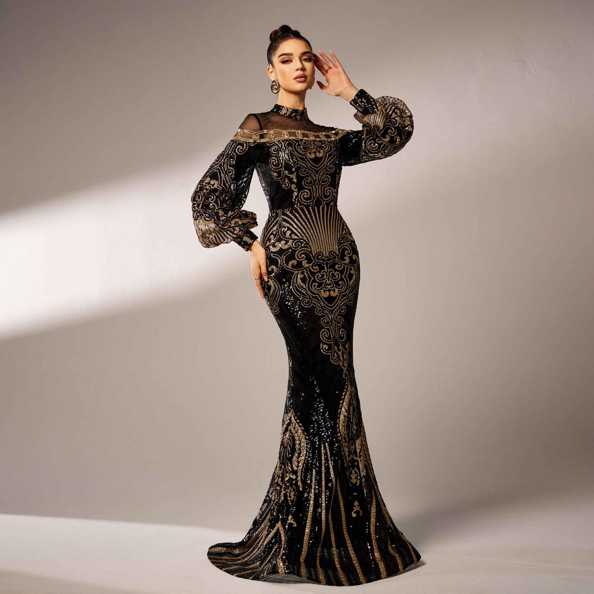 Long Sleeve Round Neck Sequins Mesh Fishtail Evening Dress