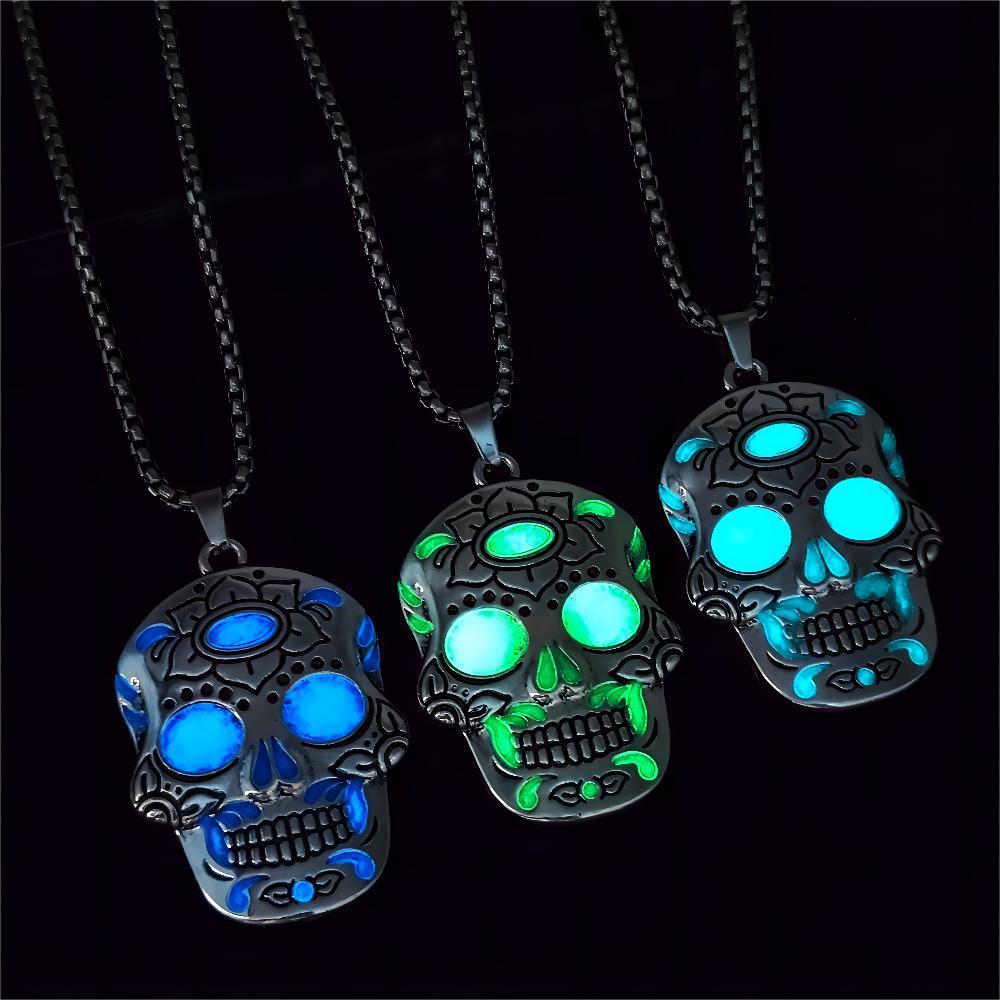 Halloween Luminous Skull Necklace - Day of the Dead Lotus Pattern