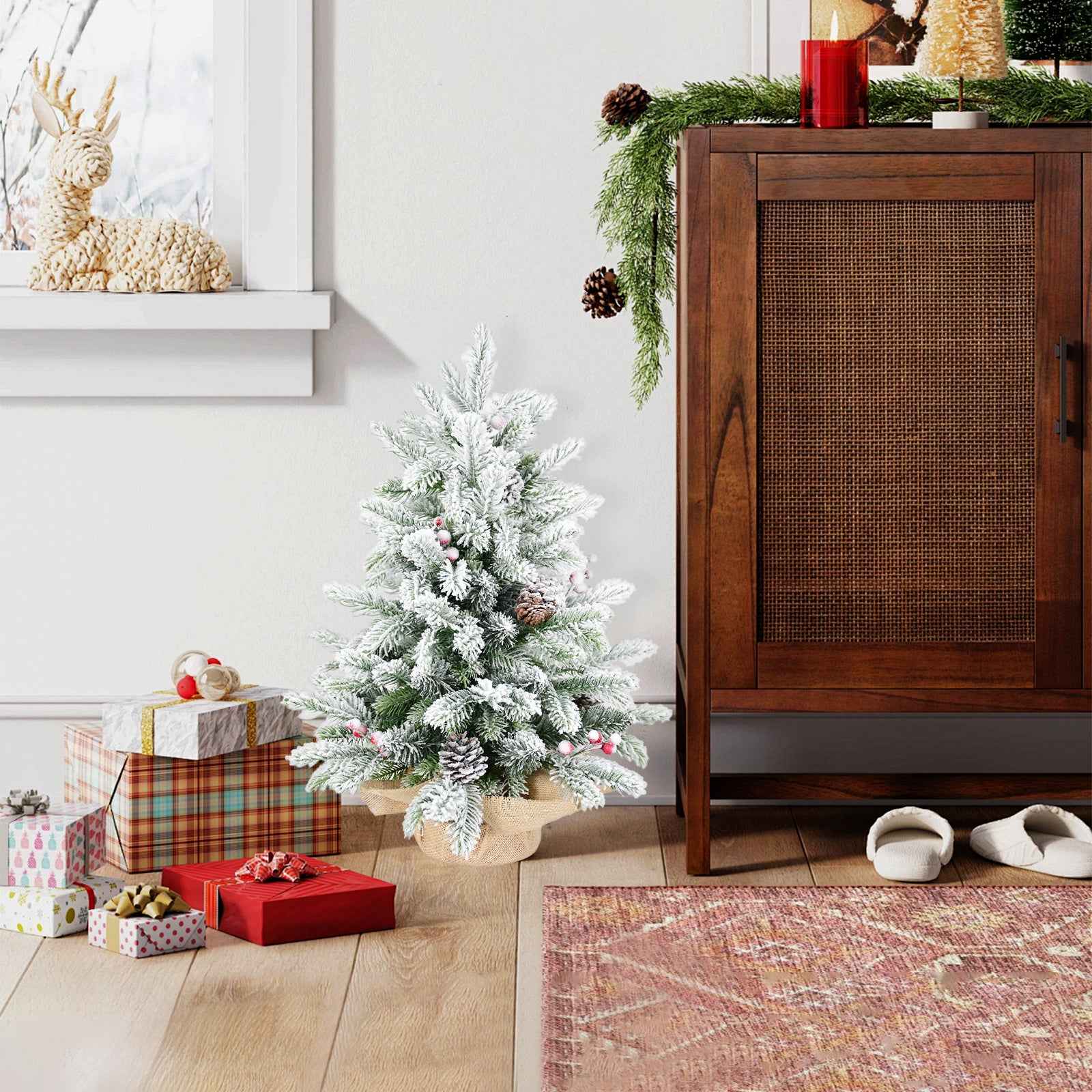 3ft Tabletop Christmas Tree - Snow Flocked with Pine Cones & Red Berries