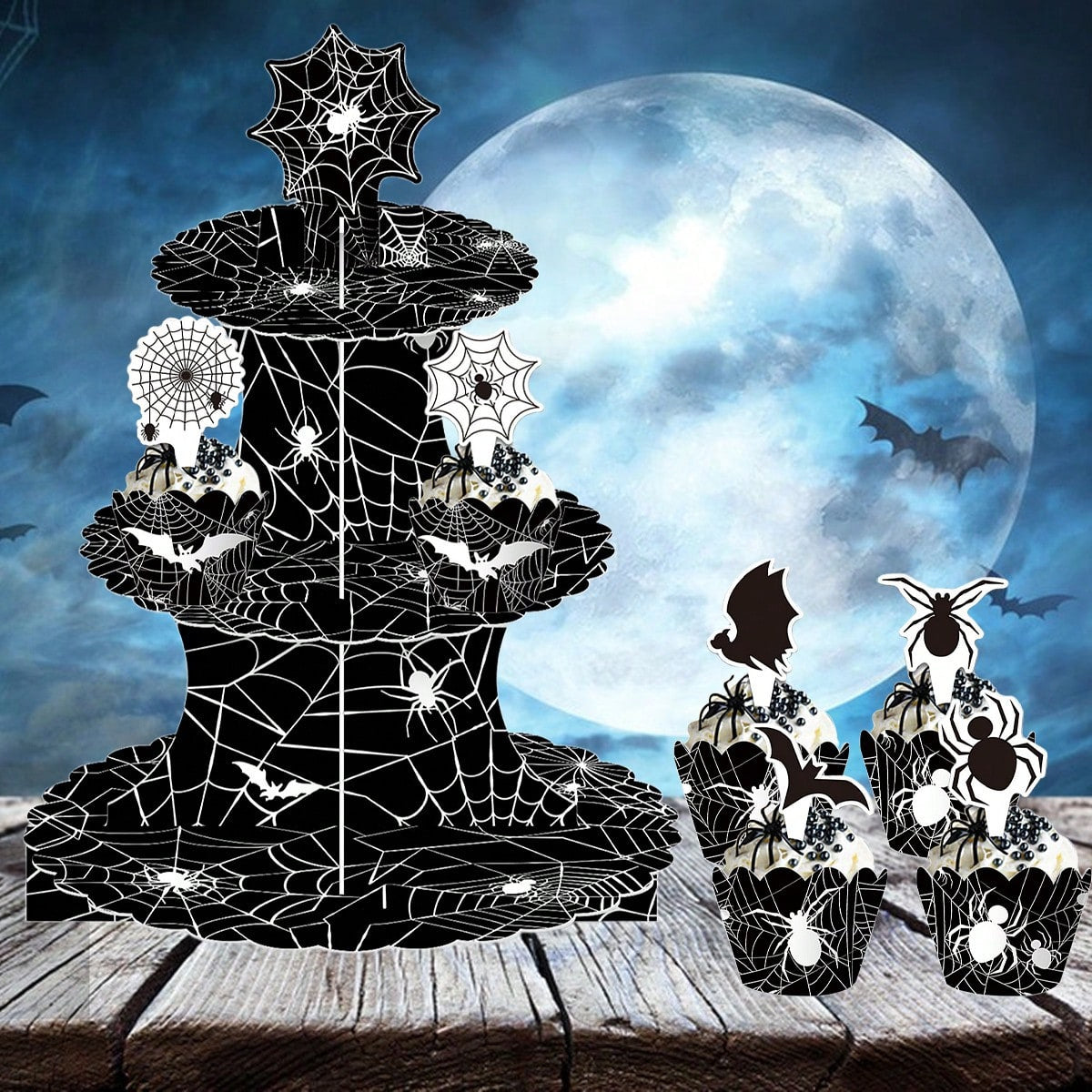 Halloween Three-Tier Cupcake Stand - Spider Web Design with Decorations