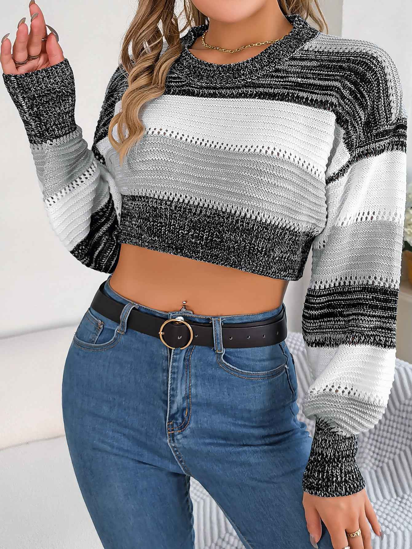 Women Casual Color Block Lantern Sleeve Cropped Pullover Sweater
