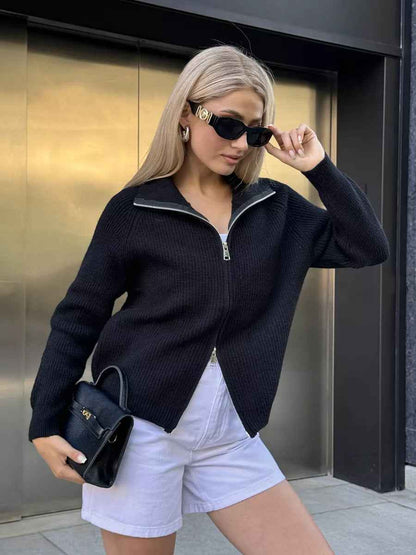 Women's Casual Knit Dual-zip Solid Color Sweater