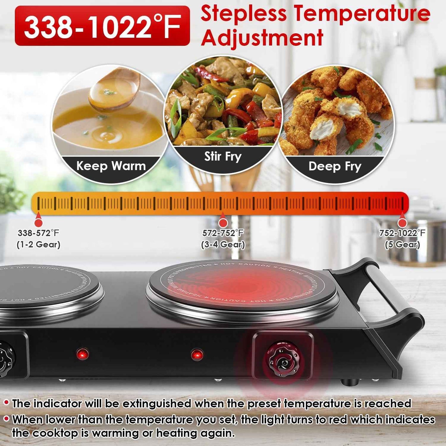 1800W Electric Double Burner Portable Heating Hot Plate Stove Countertop RV Hotplate With 5 Temperature Stepless Adjustments Portable Handles