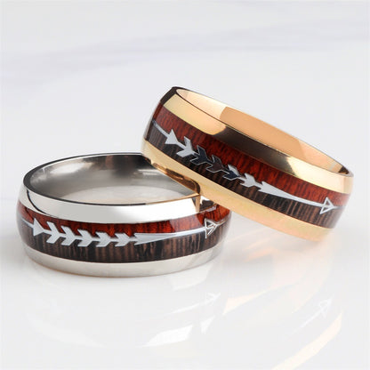 Stainless Steel Wood Grain Arrow Inlaid Ring - DropOnline.co