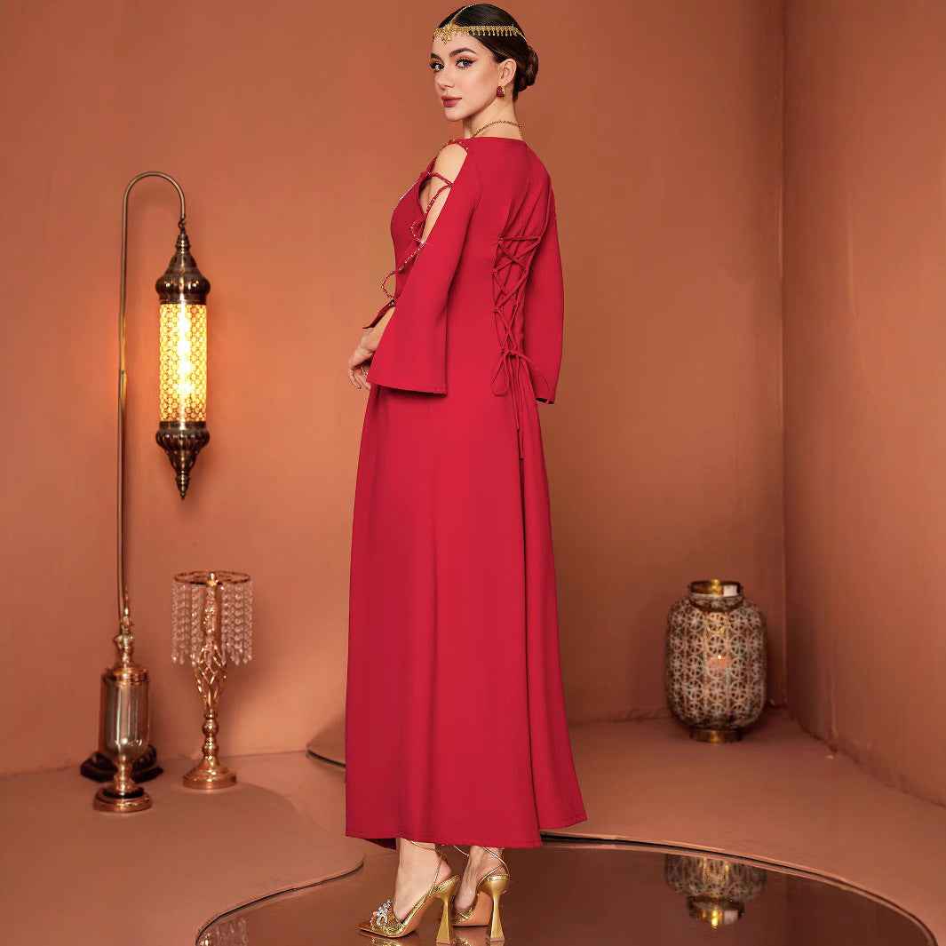 Red Designer Model Heavy Industry Hand Sewing Drill Off-the-shoulder Dress