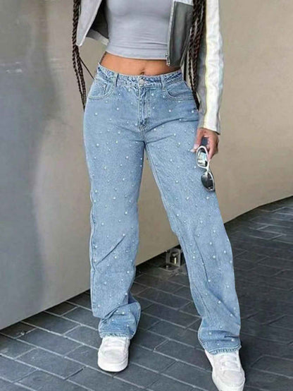 Elegant Elegant Party Rhinestone Women Wide-leg Jeans