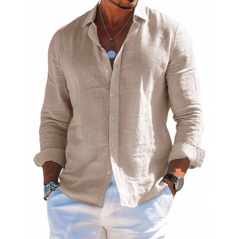 Men's Long Sleeve Casual Loose Lapel Button Shirt - Solid Color Plus Size Top