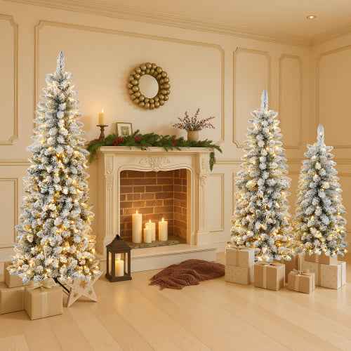 3 Pcs Flocked Artificial Christmas Tree Set with Lights - 4ft 5ft 6ft Snow Trees
