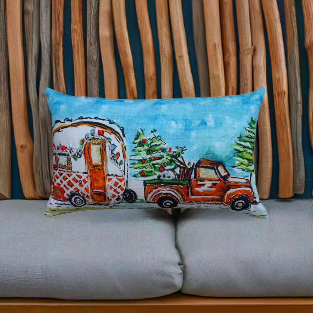 Oreiller de vacances caravane de Noël illustré à la main (14"X20")