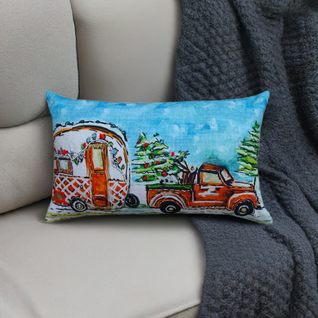 Oreiller de vacances caravane de Noël illustré à la main (14"X20")
