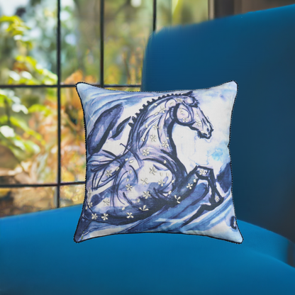 Embroidered 18"x18" Blue Decorative Pillow (Horse)