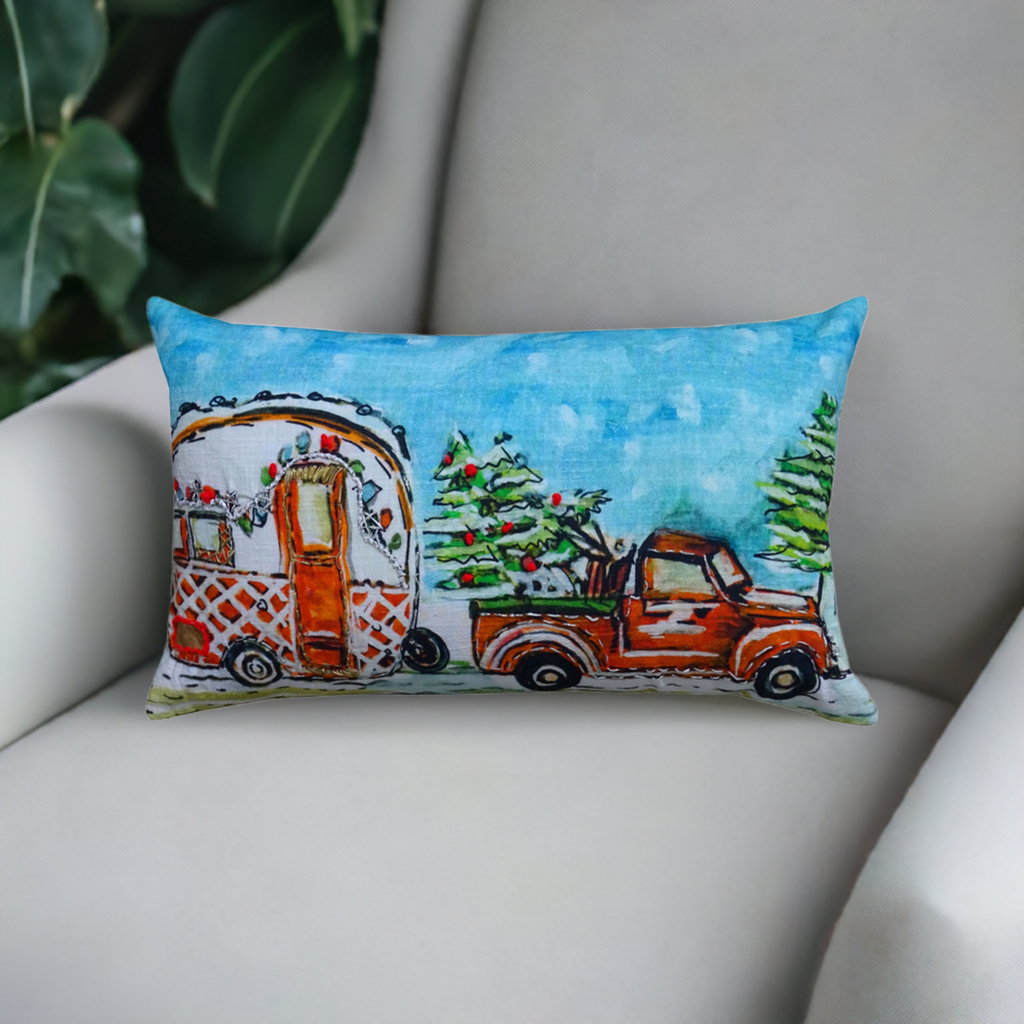 Oreiller de vacances caravane de Noël illustré à la main (14"X20")