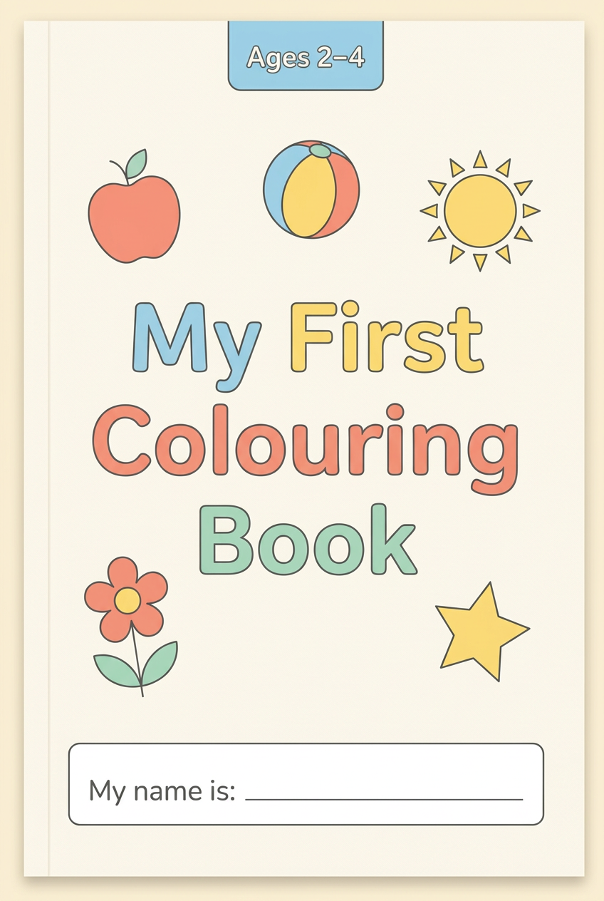 My First Colouring Book cover for ages 2–4 with pastel apple, ball, sun, flower and star illustrations