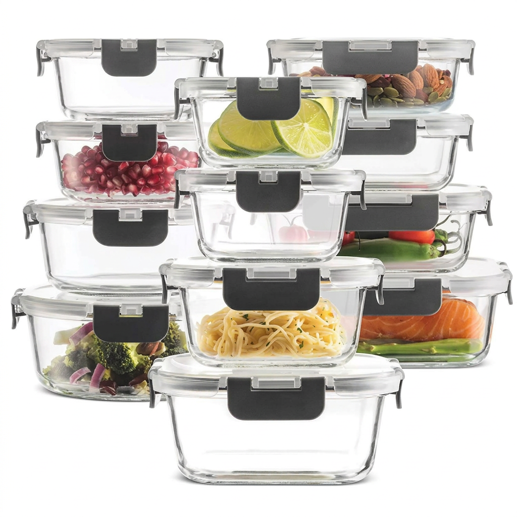Clear glass food containers with gray locking lids arranged on a white background