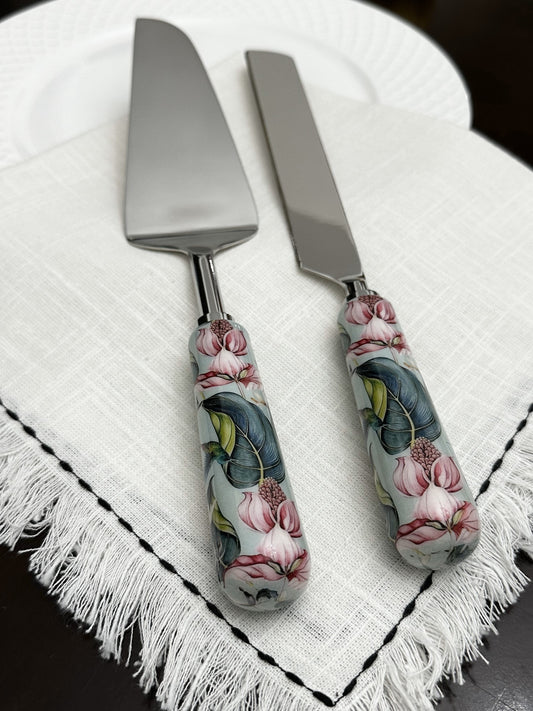 Couteau et pelle à gâteau fleuris avec travail Meenakari menthe