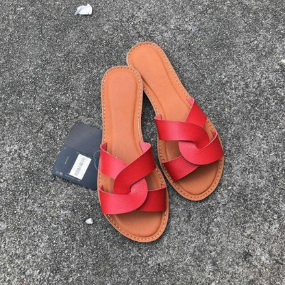 Summer Women Sandals Shoes Fashion Leather Surface Female Slippers Solid High Quality Woman Flat Slides Sandals Casual Strap Cross Slip On Sliders Beach Flat Sandals For Women