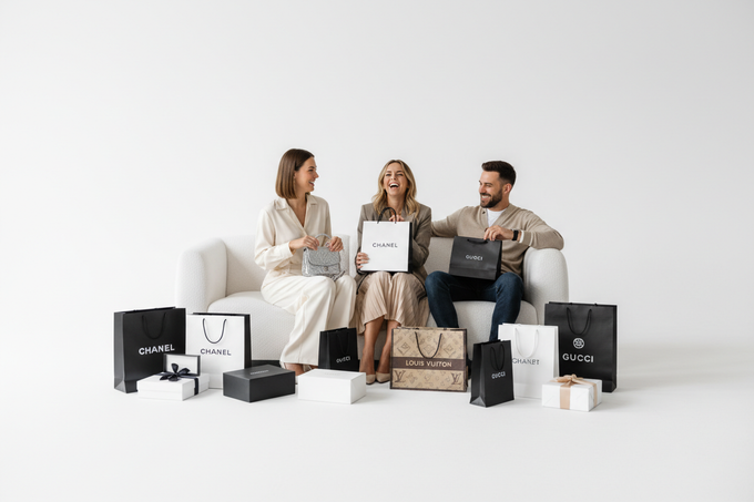 Three friends sitting with shopping bags - far perspective